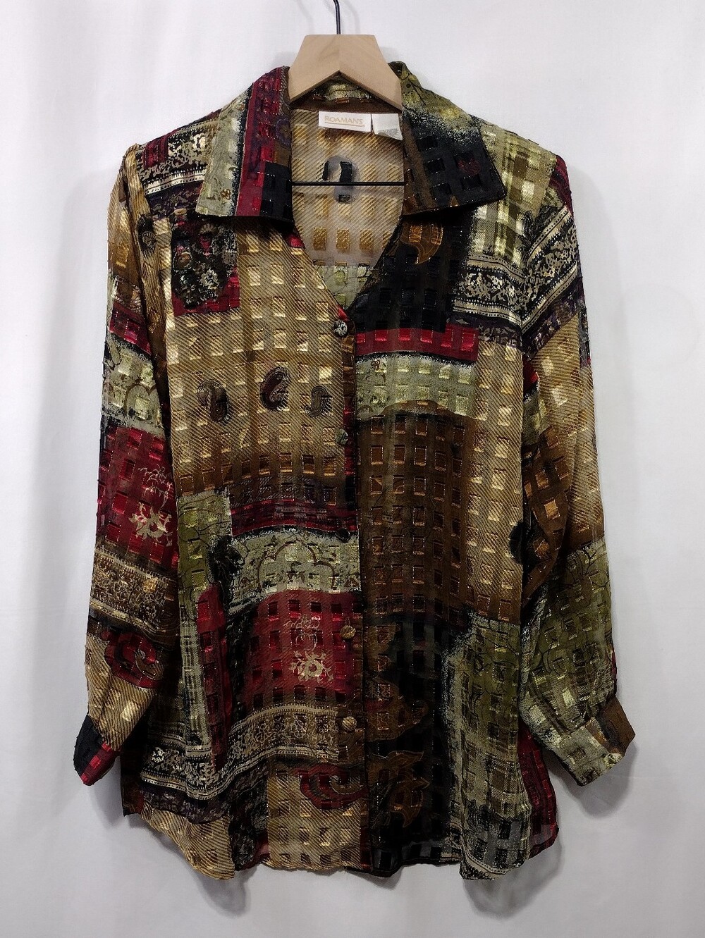 Roaman's Multicolor Patchwork Button-Down Shirt Womens XL Artsy Retro 90s Y2K